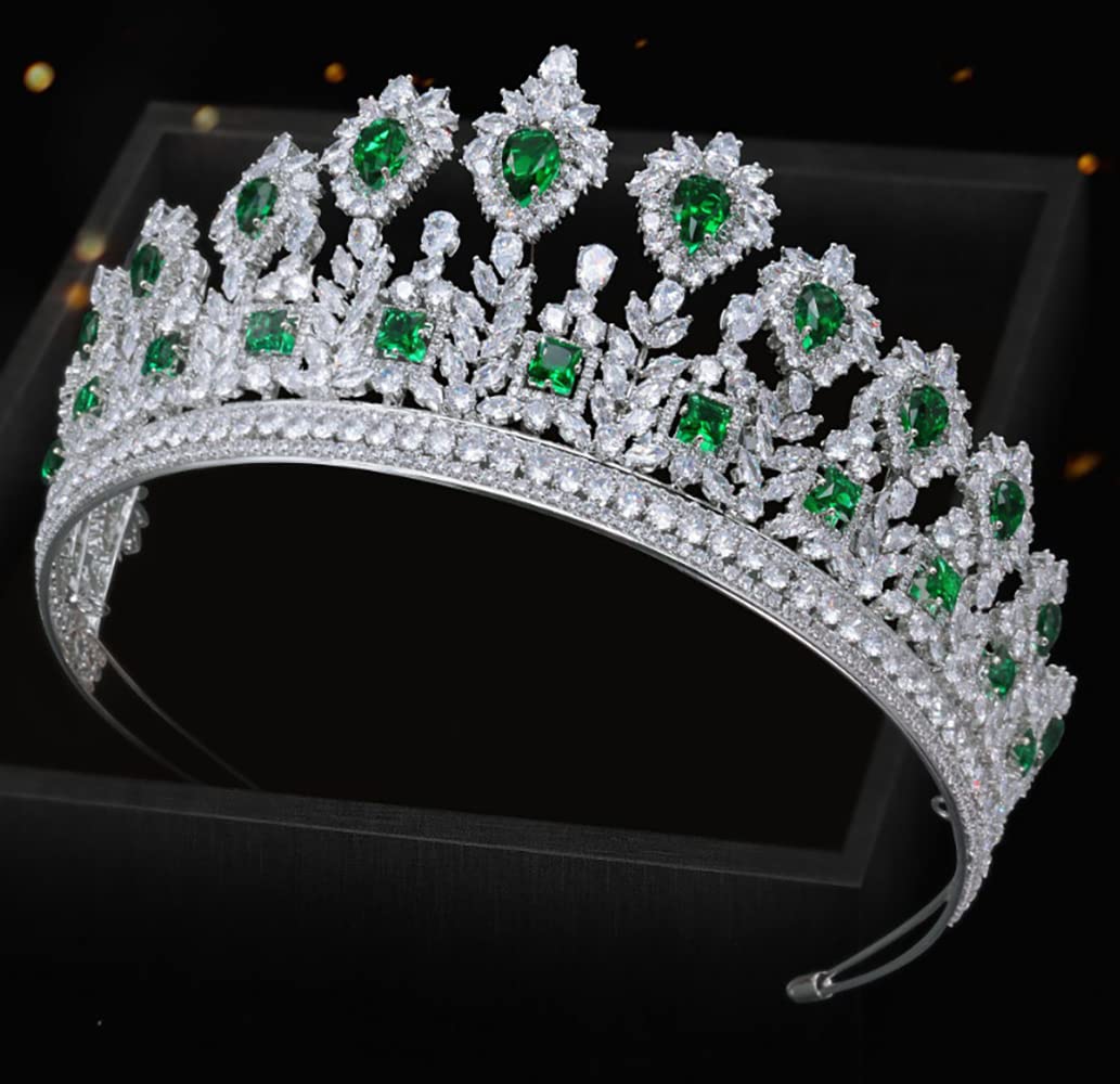 QXMYOO Luxury 5A CZ Wedding Tiaras and Crowns for Women Handmade Cubic Zirconia Large Bridal Headpiece Prom Birthday Queen Hair Accessories Zircon Headwear (Green)