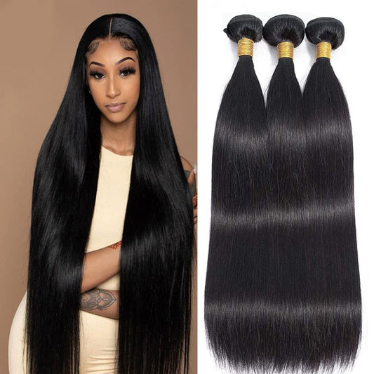 Straight Human Hair Bundles Color 1B Straight Bundles Human Hair 8a Grade Hair Weave Hair Extensions Double Weft Remy Hair Soft and Silky for Black Women (20 22 24 inch,3 Bundles)
