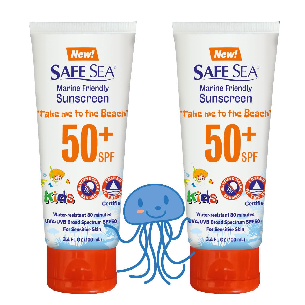 Safe Sea SPF50+ Kids Sunscreen | Travel Size 3.4 oz. | For sensitive skin | anti-jellyfish and Sea Lice sting protective lotion | Coral reef safe sunscreen (3.4 oz. tube 2 pack)