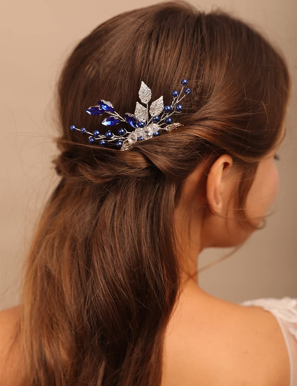 YERTTER Wedding Bridal Hair Comb decorative Rhinestone Bride Crystal Leaf Beads Comb Crystal Silver Handmade Updo Comb Clip Head Pieces for Women Flower Girls (Blue)