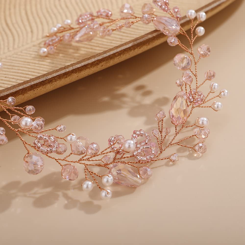 Teyglen Pink Rhinestones Crystal Hair Vine Headband, Handmade Bridal Hair Accessories for Women Girls (1 Count, Pink)