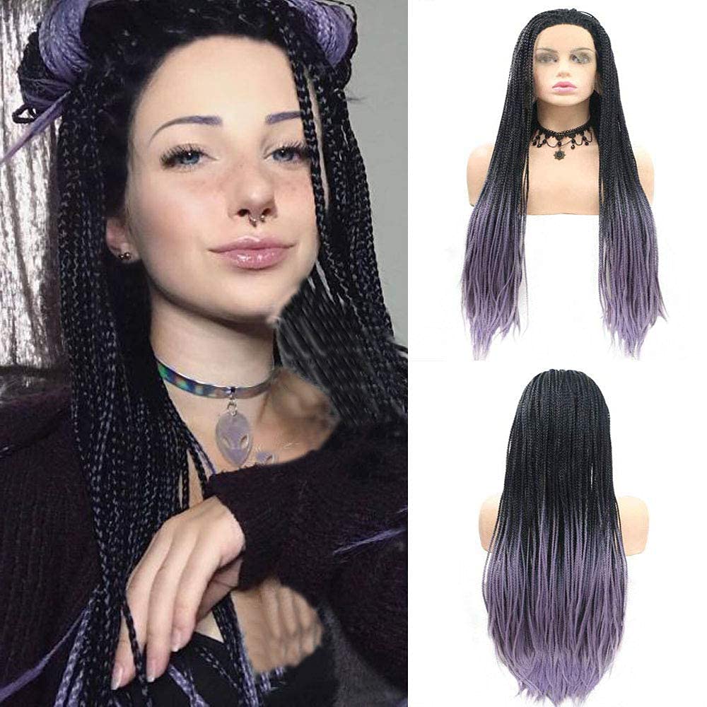 Braided Wigs Long Black Purple Lavender Box Braided Lace Front Wig for African American Women Free Part Soft Natural Hairline Realistic Drag Queen Wigs Festival Holiday Cosplay Daily 26 Inch