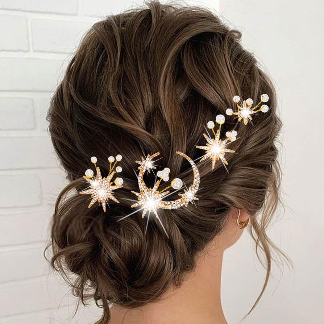 BARTOSI Gold Moon Star Hair Pins Rhinestone Bridal Hair Clips Pearl Bride Wedding Hair Accessories for Women and Girls (Pack of 4) (Gold)
