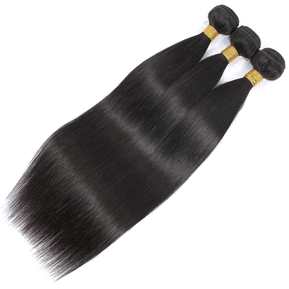Straight Human Hair Bundles Color 1B Straight Bundles Human Hair 8a Grade Hair Weave Hair Extensions Double Weft Remy Hair Soft and Silky for Black Women (20 22 24 inch,3 Bundles)