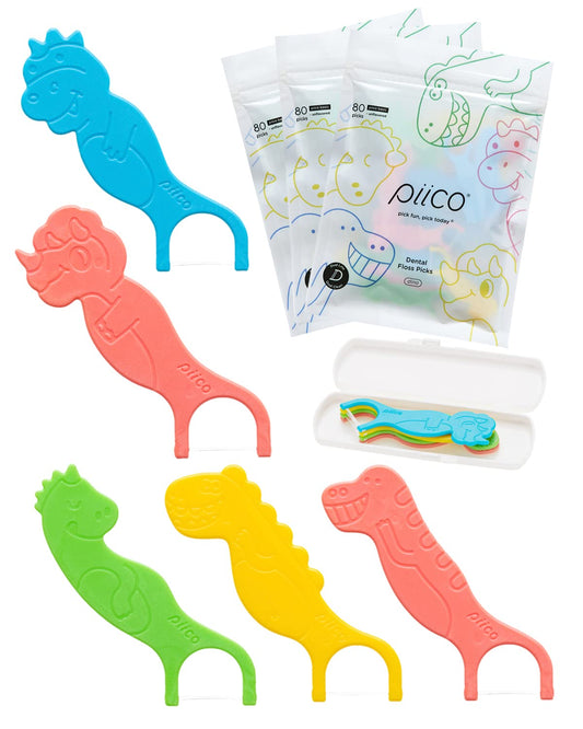 Piico Unflavored Kids Floss - No Fluoride Dual Line Dental Floss Picks - Fun Oral Care in Colorful Floss Sticks Design - Kids Flossers Prevent Tooth Decay & Gum Disease - 240 Count Dino & Travel Case