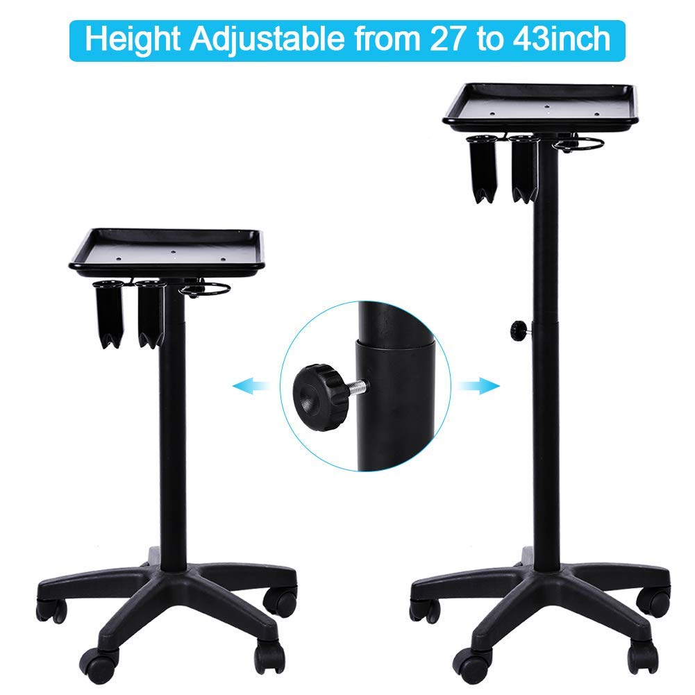 Aluminium Hair Salon Instrument Tray, Tattoo Workstation Rolling Tray Station, Adjustable Height Trolley Beauty Hair Stylist Storage Trolley for Salon Beauty Spa Tattoo with 2 Cups and 1 Metal Ring