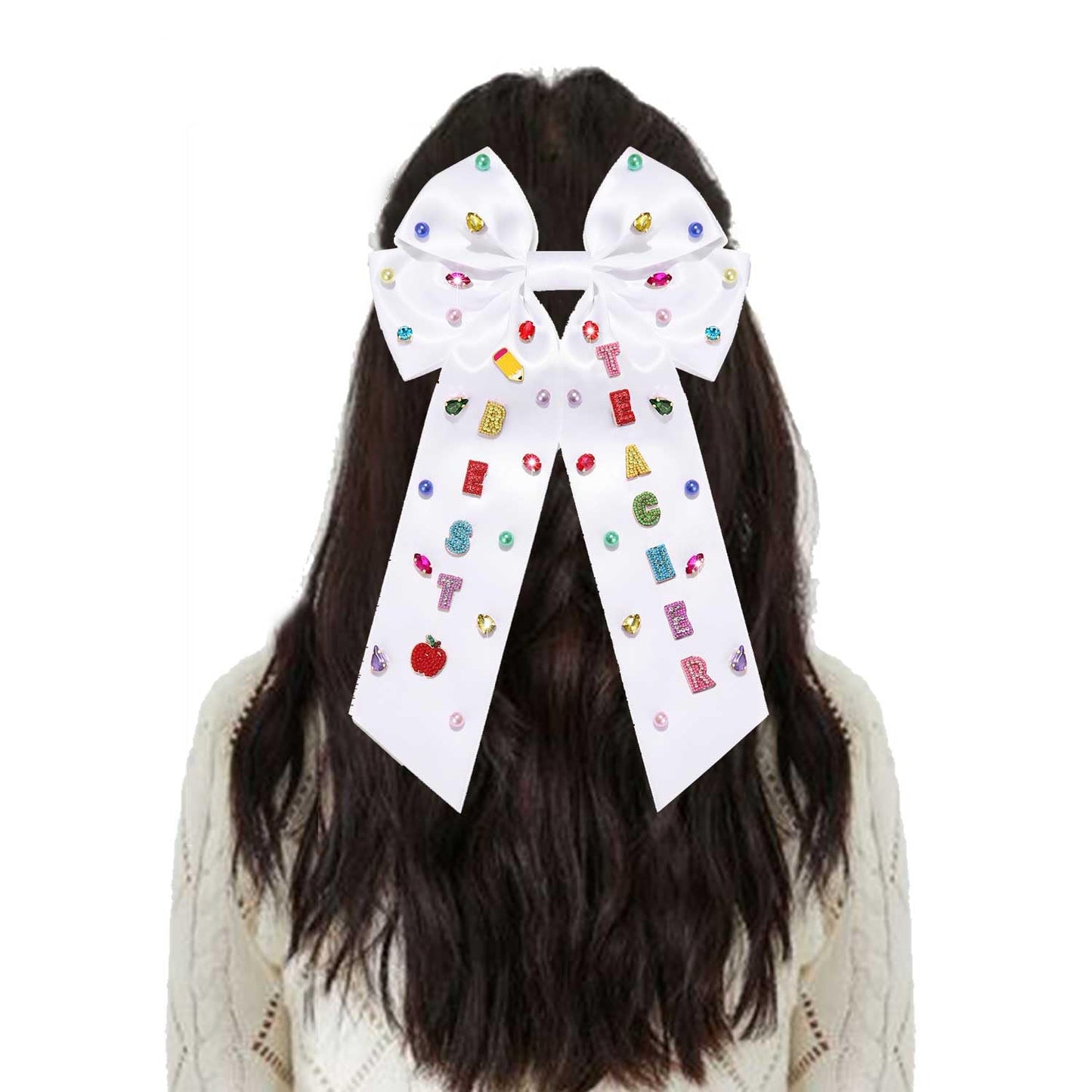 Teacher Hair Bows for Women Teacher Accessories Back To School Pencil FRI-YAY Hair Bow Clips Rhinestone Jeweled Teacher Hair Ribbons Barrettes Back To School Outfits Teacher Appreciation Gifts