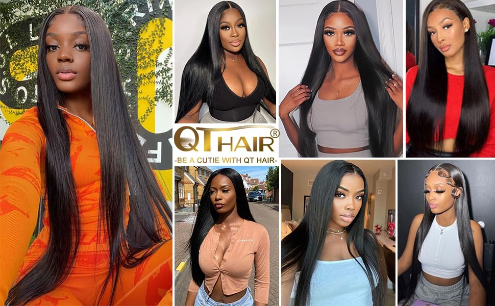 QTHAIR 14A Brazilian Straight Hair 3 Bundles with Transparent HD Lace Closure(12" 14" 14" with 10") Brazilian Straight Virgin Hair Weave 100% Unprocessed Brazilian Hair Straight Human Hair Weave
