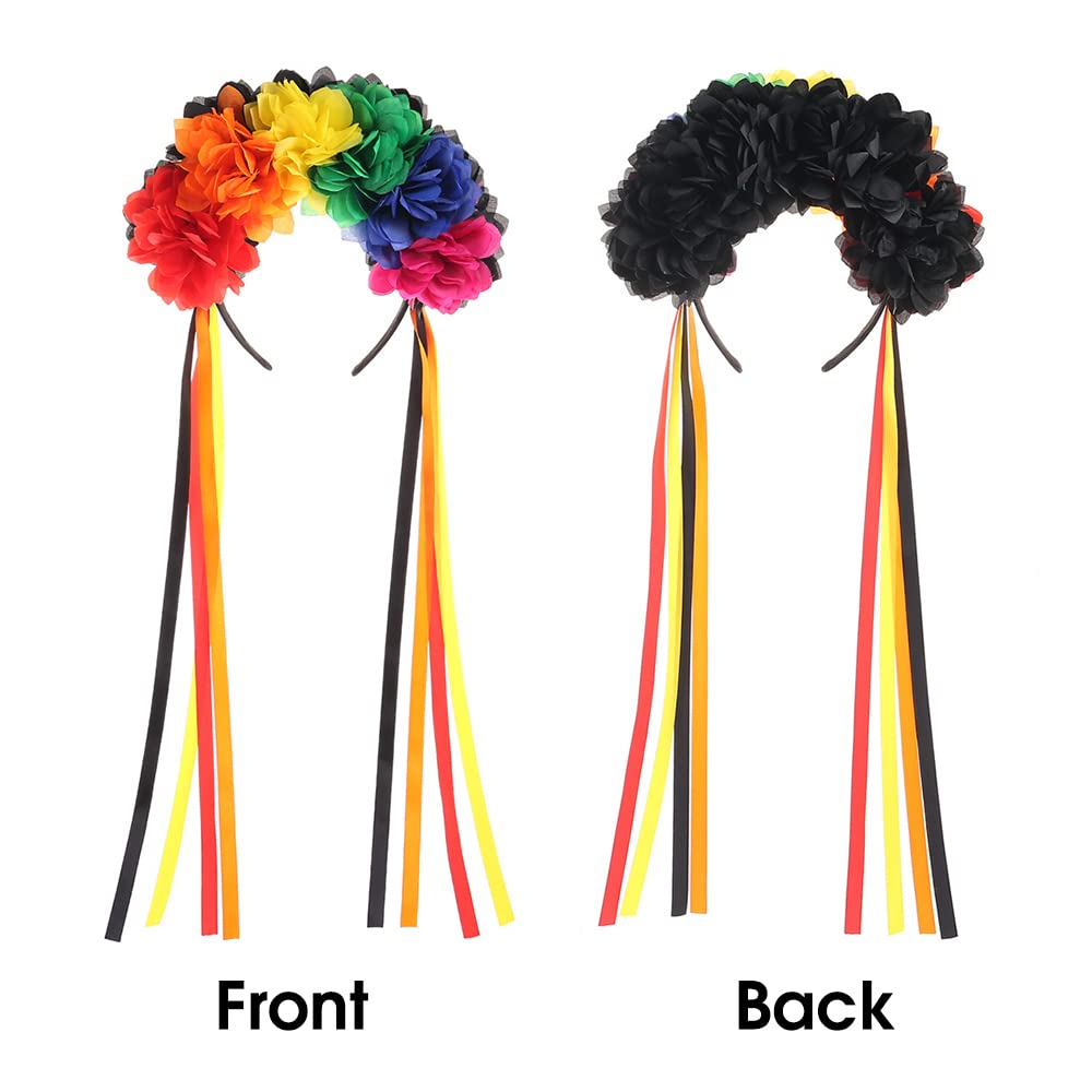 Bubbmi Mexican Flower Crown Headband with Ribbon, Day of the Dead Headwear, Dia De Los Muertos Headpiece, Halloween Easter Flower Headband(Mexican C)