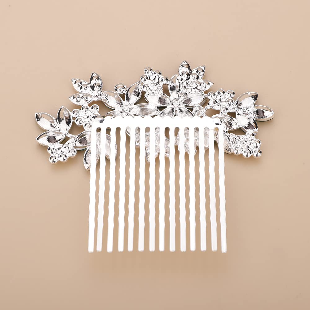 Teyglen Women Dainty Silver Gold Green Rhinestones Bridal Wedding Hair Comb, Luxurious Shiny Rhinestone Hair Accessories for Brides and Girls (Silver Green)