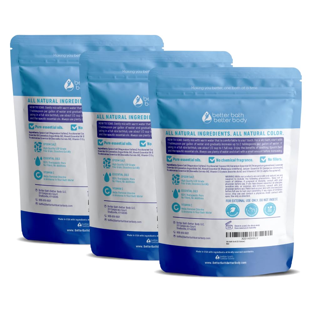 Sitz Bath Salt (3-Pack with Scoop) Hemorrhoid Soothing Sitz Soak Epsom Salt with Pure Essential Oils in BPA-Free Pouch with Easy Press Seal Made in USA with Bamboo Scoop, Three Pouches 6-Lbs Total