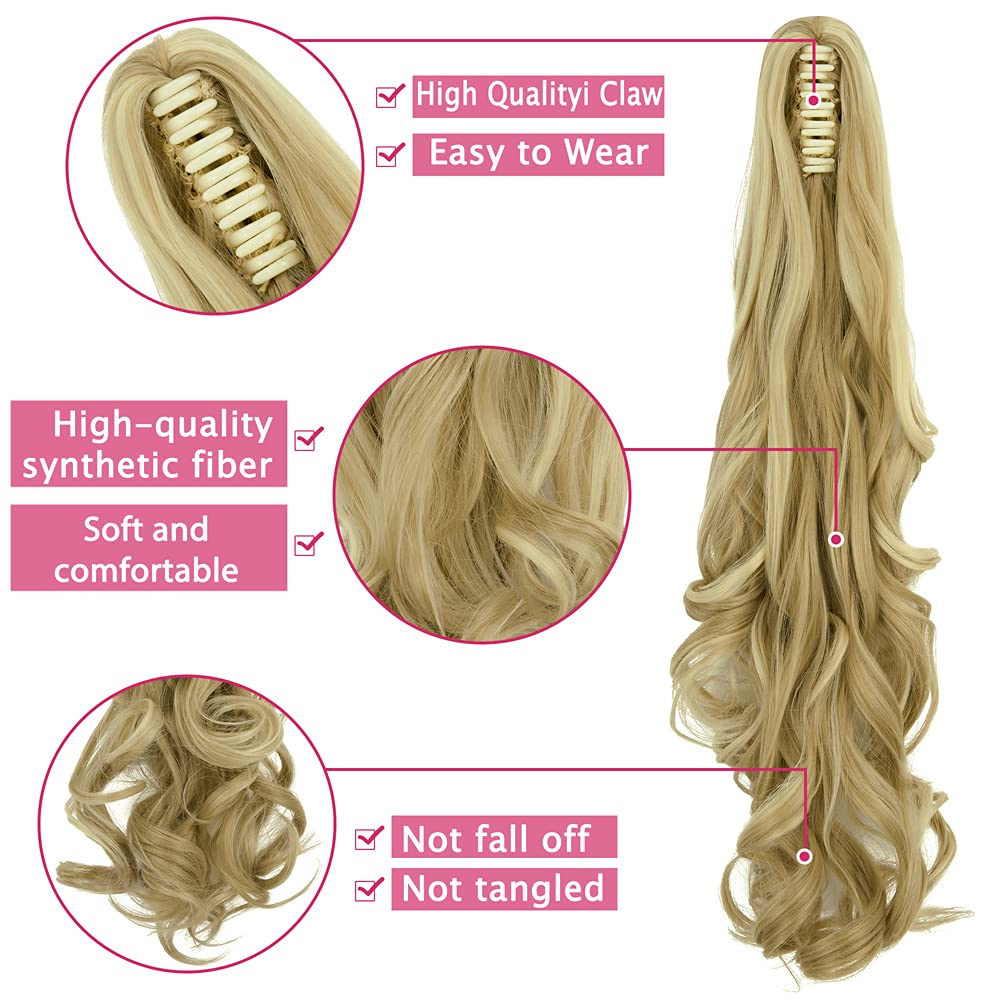 OMGREAT Long Claw Clip in Ponytail Extensions Synthetic Thick Hairpieces 24Inch Pony Tail for Women with a jaw Claw Ash Blonde Mix Bleach Blonde