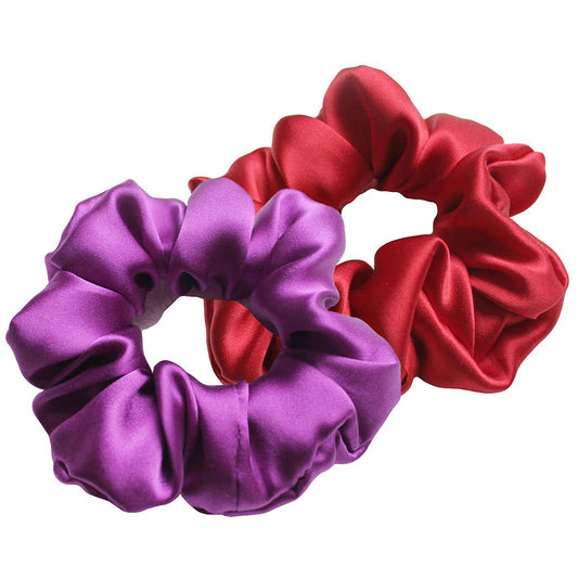Real Natural Mulberry Silk Scrunchies Hair Elastics Hair Band Hair Ties Hair Holder for Women Girls (A-dark purple+dark red)