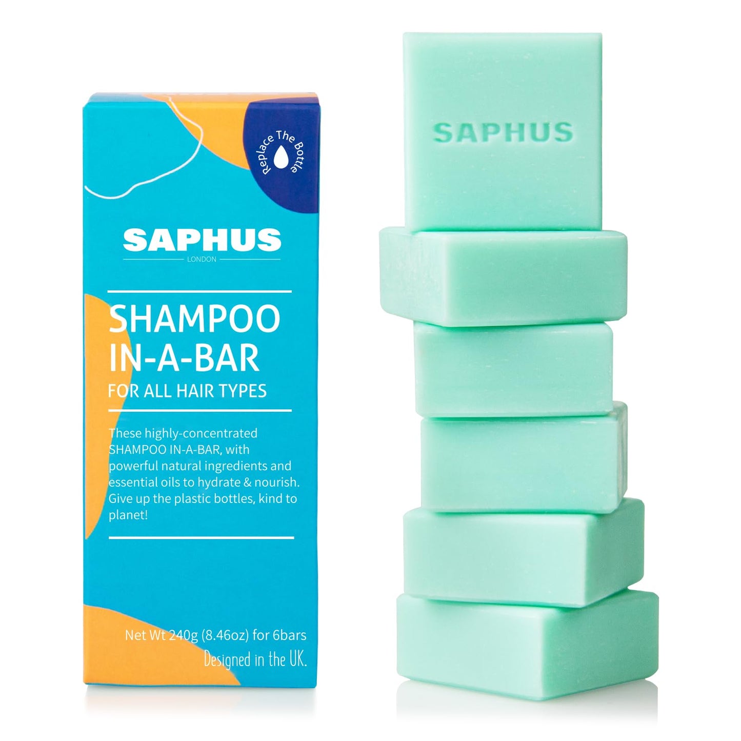 SAPHUS 6Pcs Shampoo Bars for Hair (8.46oz), Shampoo Soap Bar Set for Women and Men Travel, Natural Ingredients, Sulfate Free Solid Shampoo for Dandruff, Oily Hair, Blue