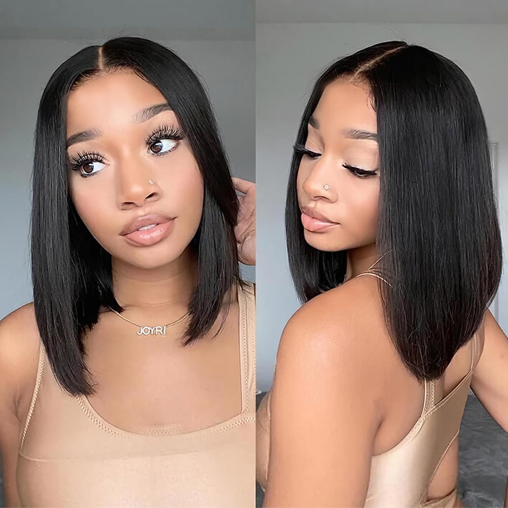 X-TRESS Bob Wig Human Hair Glueless Wig Wear and Go 13x4 HD Lace Front Wigs Human Hair Natural Black Pre-plucked Tiny Knots 14 Inch Short Straight Bob Wigs for Black Women 100% Brazilian Human Hair