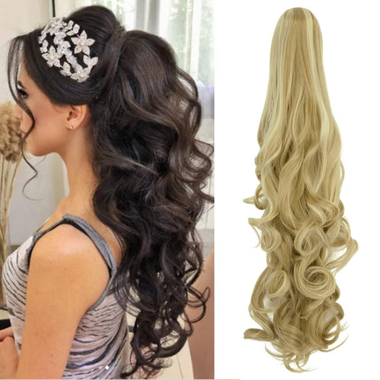 OMGREAT Long Claw Clip in Ponytail Extensions Synthetic Thick Hairpieces 24Inch Pony Tail for Women with a jaw Claw Ash Blonde Mix Bleach Blonde