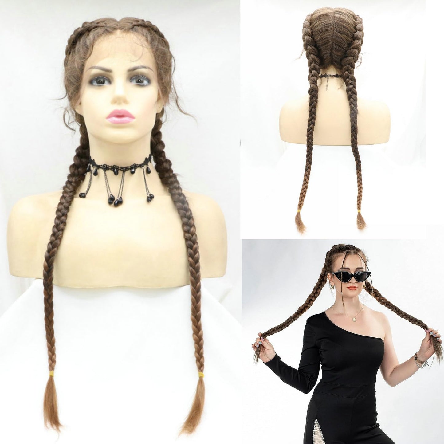 1B/30 Mixed Brown Blonde Double Braided Wigs with Baby Hair Ombre Brown Synthetic Lace Front Wigs for Women Long Synthetic Lace Frontal Large Dutch Box Braided Wigs Daily Cosplay Party Use