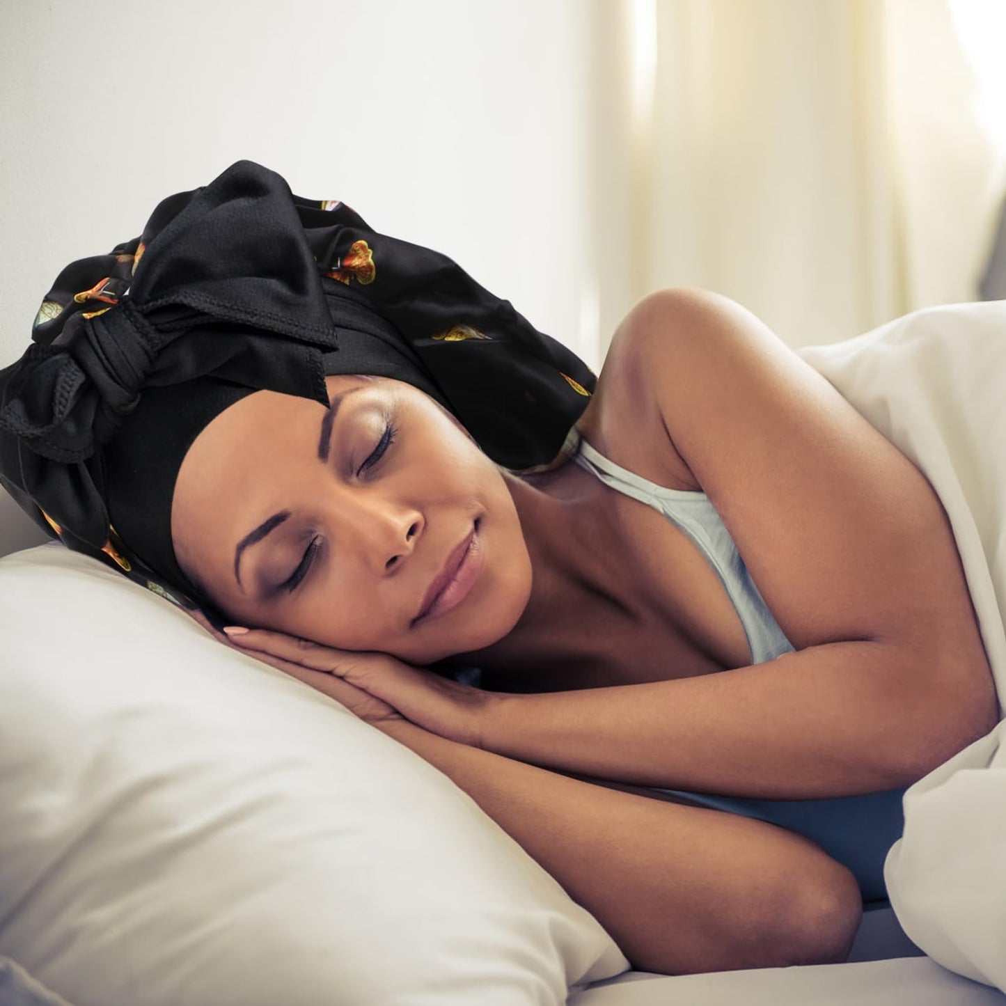 Arqumi Pack of 2 Satin Sleeping Bonnet, Large Satin Sleep Bonnet, Long Strap, Adjustable Sleep Cap Hair Bonnet with Butterfly Pattern, Black+Pink