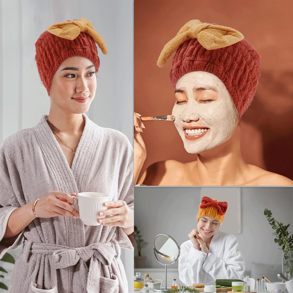 Tihebax 2Pcs Microfiber Hair Towel Wrap for Women Hair Drying Cap Hair Plopping Cap Hair Drying Towel Wrap Head Towels Wrap for Women Curly Hair (Red and Yellow)