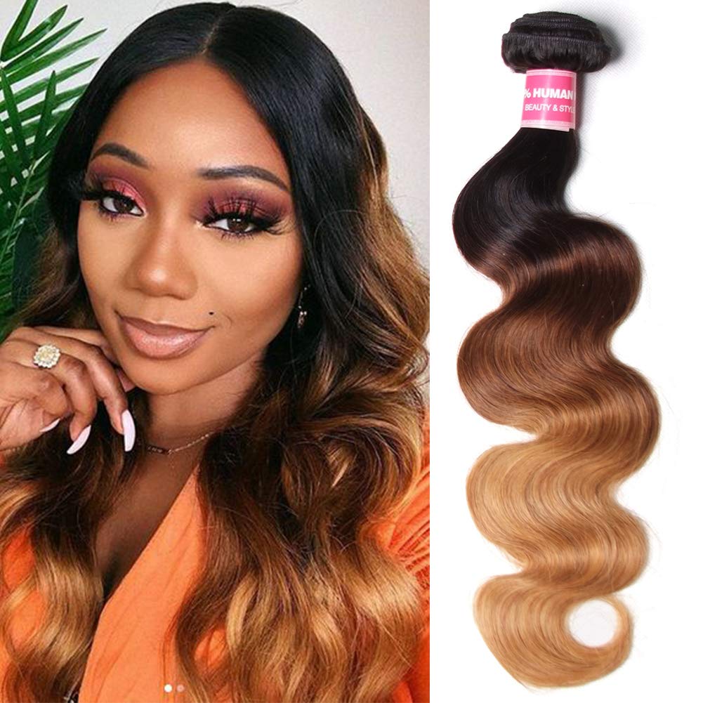 Sunber Ombre Brazilian Hair Bundles Body Wave 12A Grade Human Virgin Hair One Bundles 3 Tone 1B/4/27 Color Hair Extensions 18Inch T1B/4/27 Color