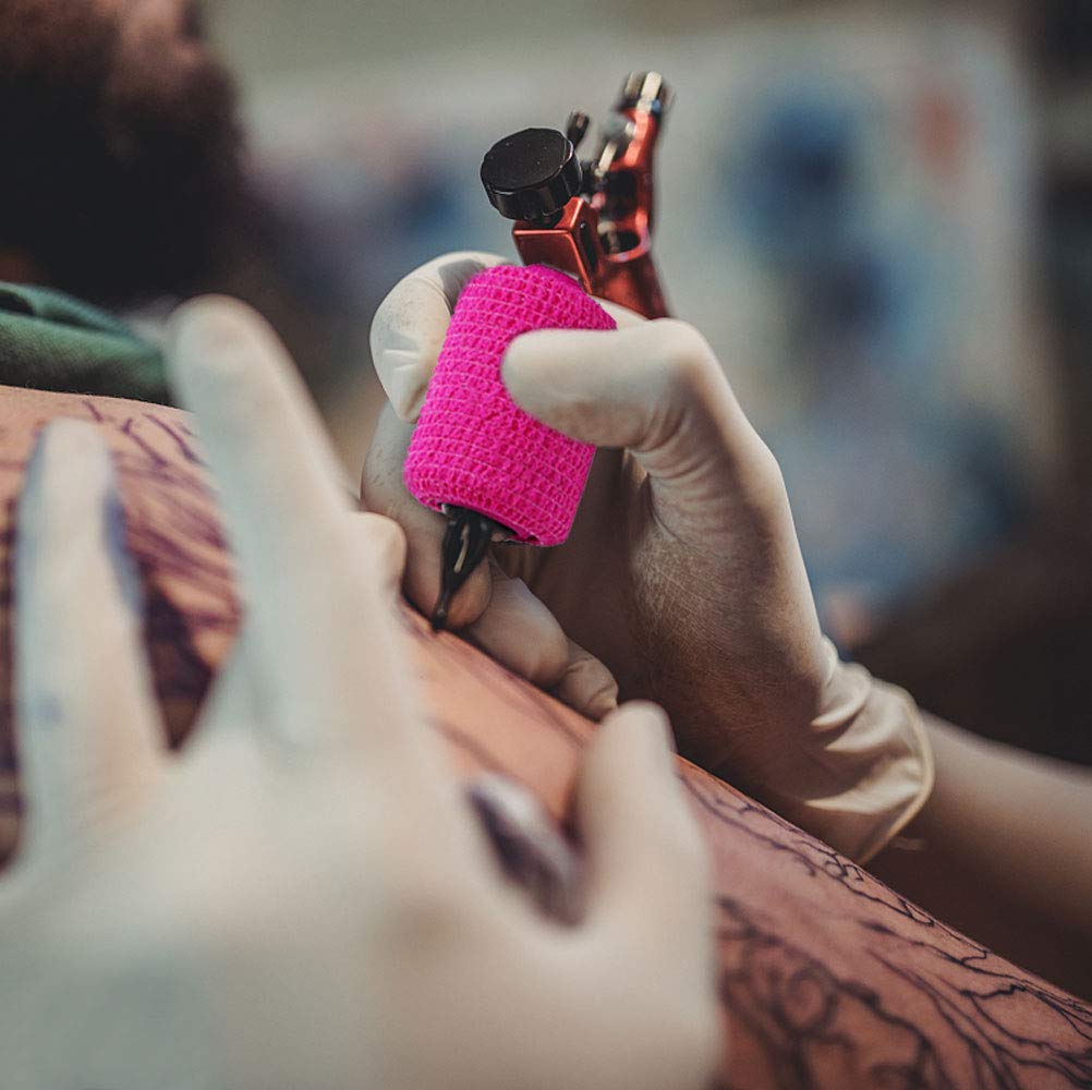 VideoPUP 24PCS Tattoo Grip Cover Wrap,Disposable Cohesive Tattoo Grip Cover Elastic Bandage Handle Grip Tube for Tattoo Machine Tattoo Grip Accessories(Phosphor Pink)