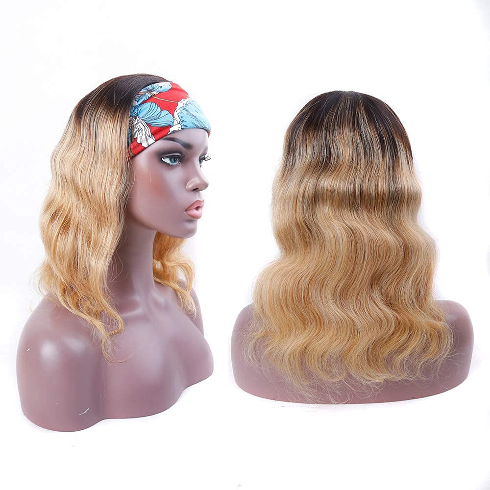 YiweYowe 26 Inch Blonde Body Wave Headband Wig Human Hair Full Head Machine Made Half Wigs Grade 8A 1B27 Ombre Dark Roots To Blonde Headband Wig Human Hair No Lace Brazilian Hair Wig For Women