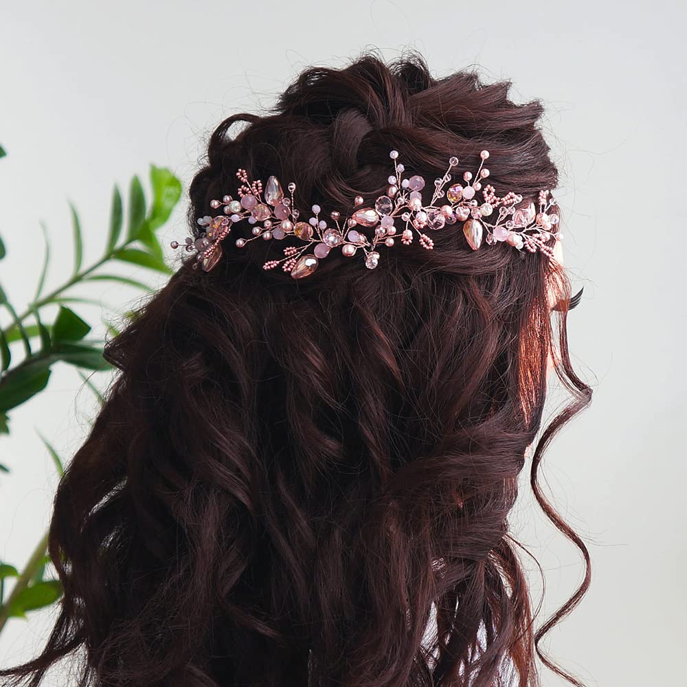 Teyglen Pink Rhinestones Crystal Hair Vine Headband, Handmade Bridal Hair Accessories for Women Girls (1 Count, Pink)