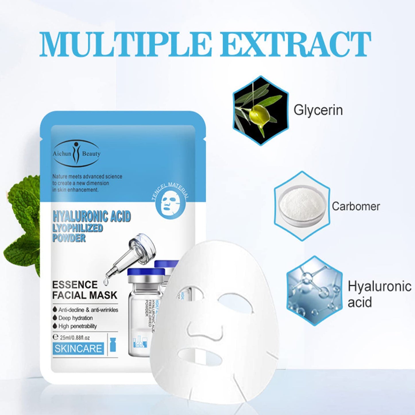 AICHUN BEAUTY Essence Facial Mask Tencel Material Anti-acne Anti-wrinkles Repair After Sun Moisturizing Deep Cleaning Contractive Pore 25ml/0.88fl.oz X 10pcs (HYALURONIC ACID LYOPHILIZED POWDER(10pcs))