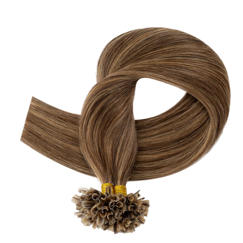 Rich Choices U Tip Hair Extensions Human Hair,100 Strands 0.5g/Strand K Tip Real Remy Human Hair Extensions Nail Tip K Tip Keratin Hair Extension 22 Inch #4P27 Medium Brown Highlight Dark Blonde