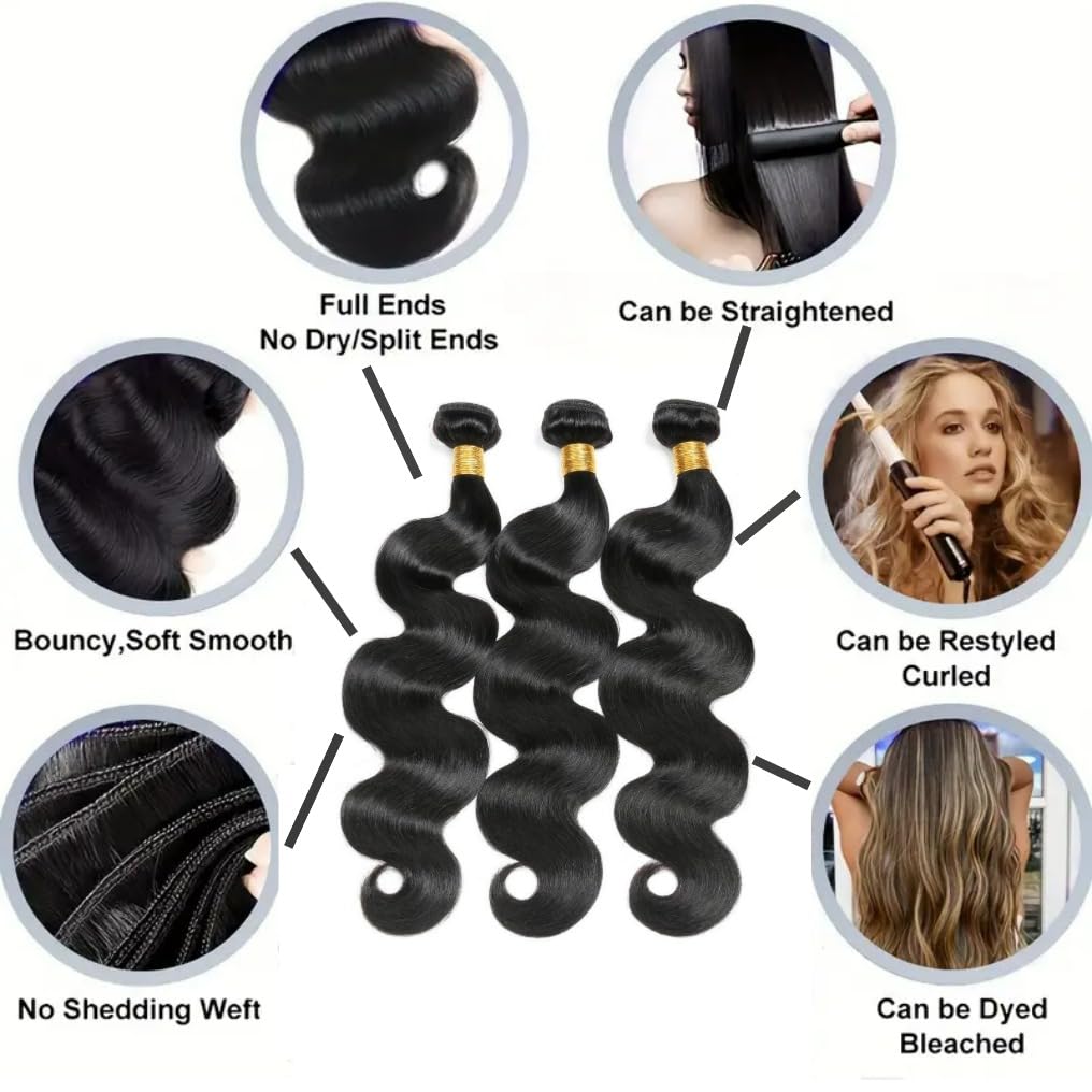 Body Wave Bundles Human Hair 12 14 16 Inch Brazilian Body Wave Human Hair 3 Bundles Natural Black Virgin Human Hair Extensions Unprocessed Wavy Human Hair Bundles for Women