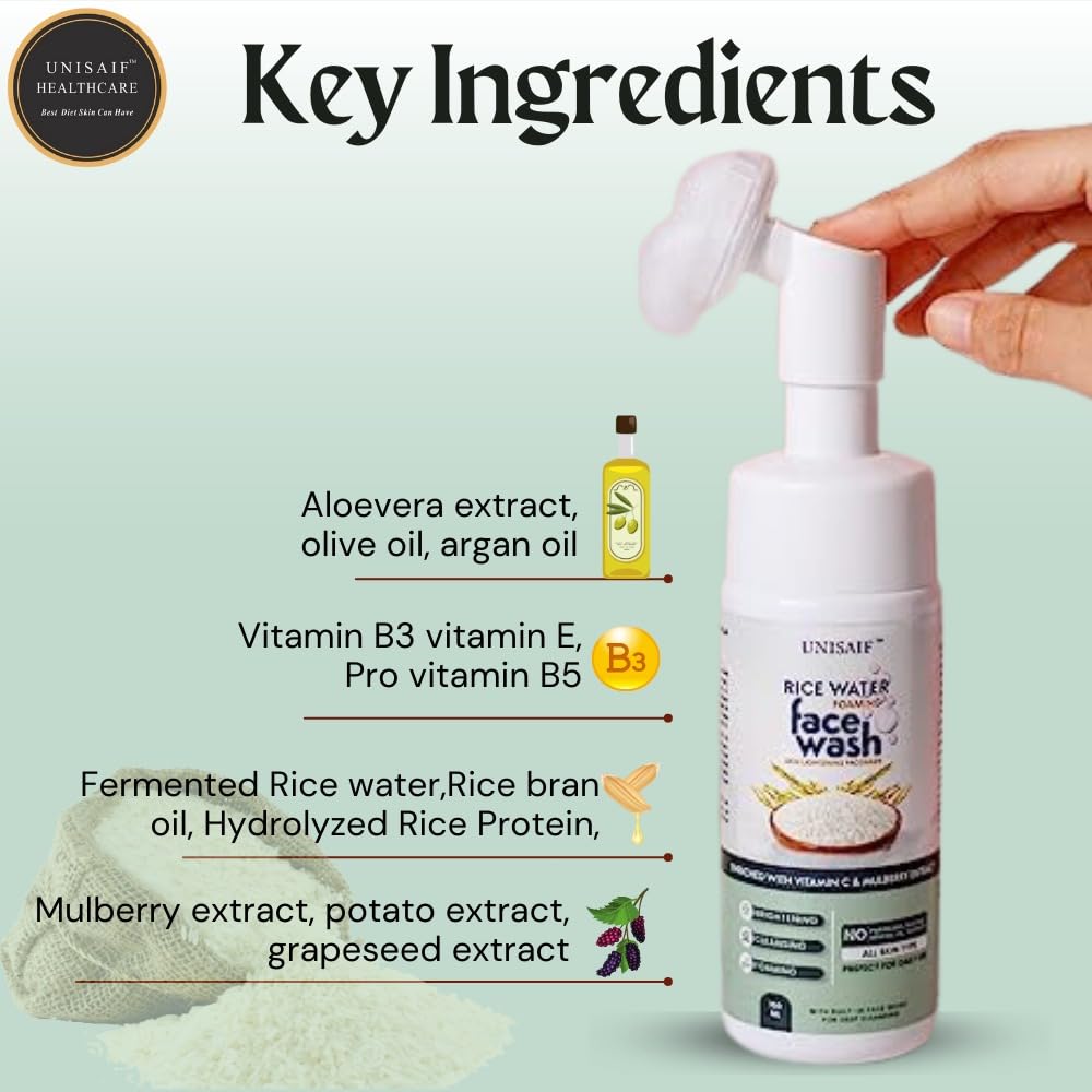 Unisaif Rice Water Face Wash – Rice Water Bright Foaming Cleanser for Women and Men’s Skin Lightening | Foaming | Brightening| Cleansing Facewash for Dry Skin 150ml