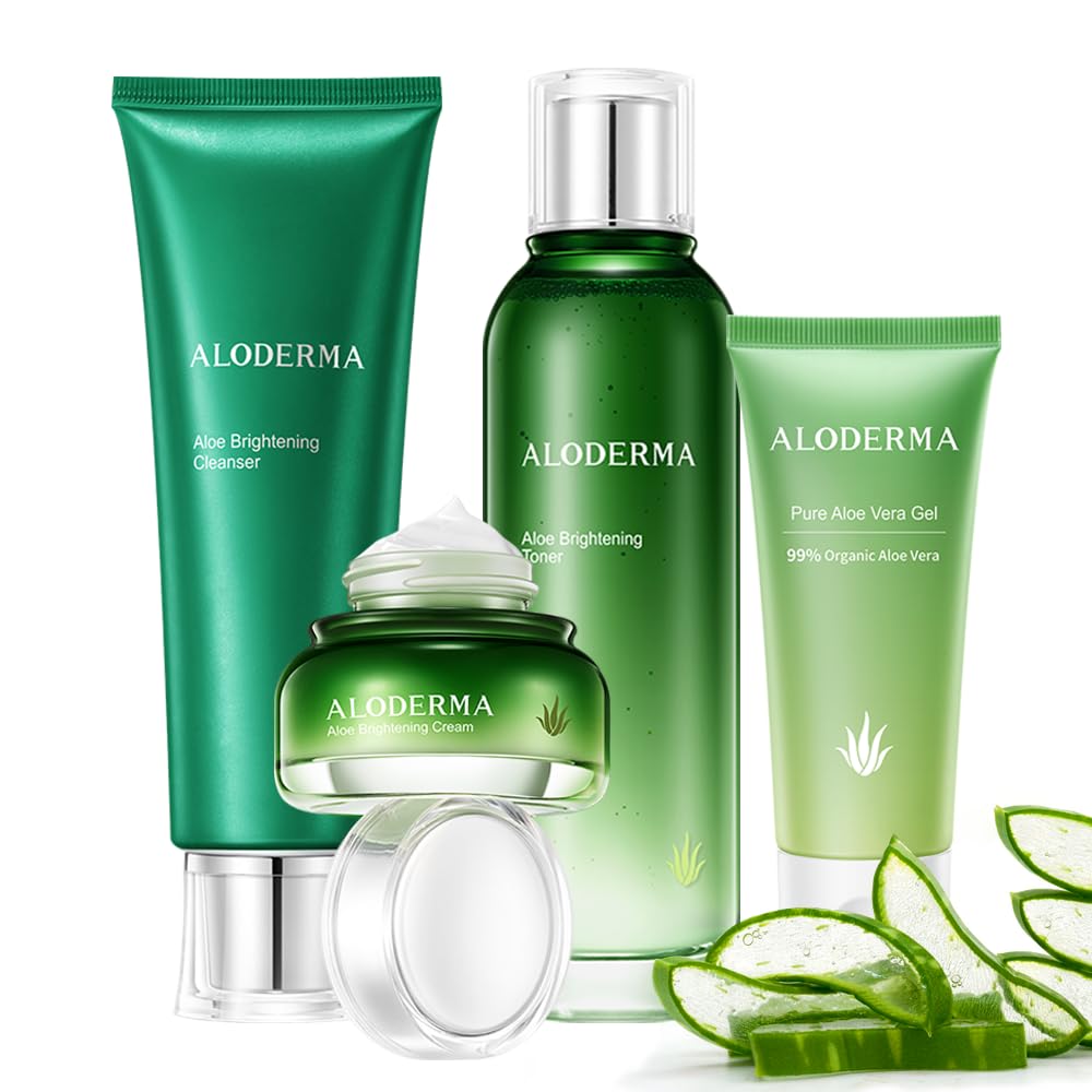 Aloderma Essential Aloe Brightening Skin Care Set - 4 Pieces - Gel, Cleanser, Toner, Cream