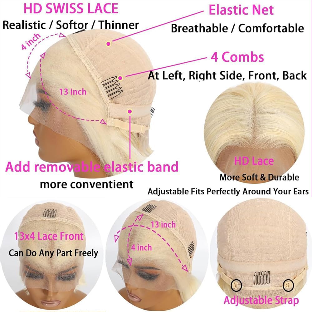 UWLK 613 Blonde Bob Wig Human Hair 180% Density 13X4 Lace Front Wigs Pre Plucked Bleached Knots with Baby Hair Short BOB Wig For Women