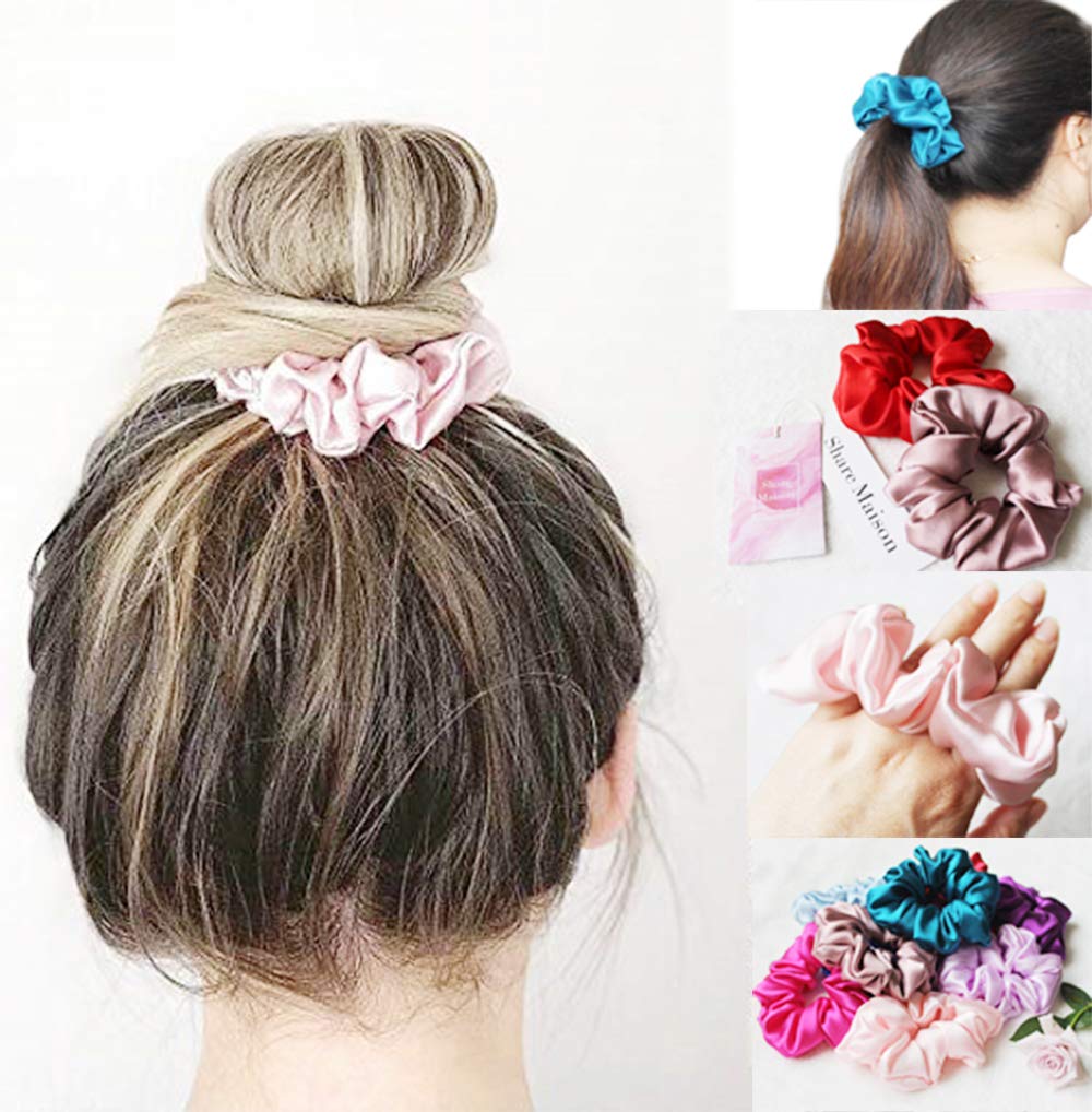 Real Natural Mulberry Silk Scrunchies Hair Elastics Hair Band Hair Ties Hair Holder for Women Girls (A-dark purple+dark red)