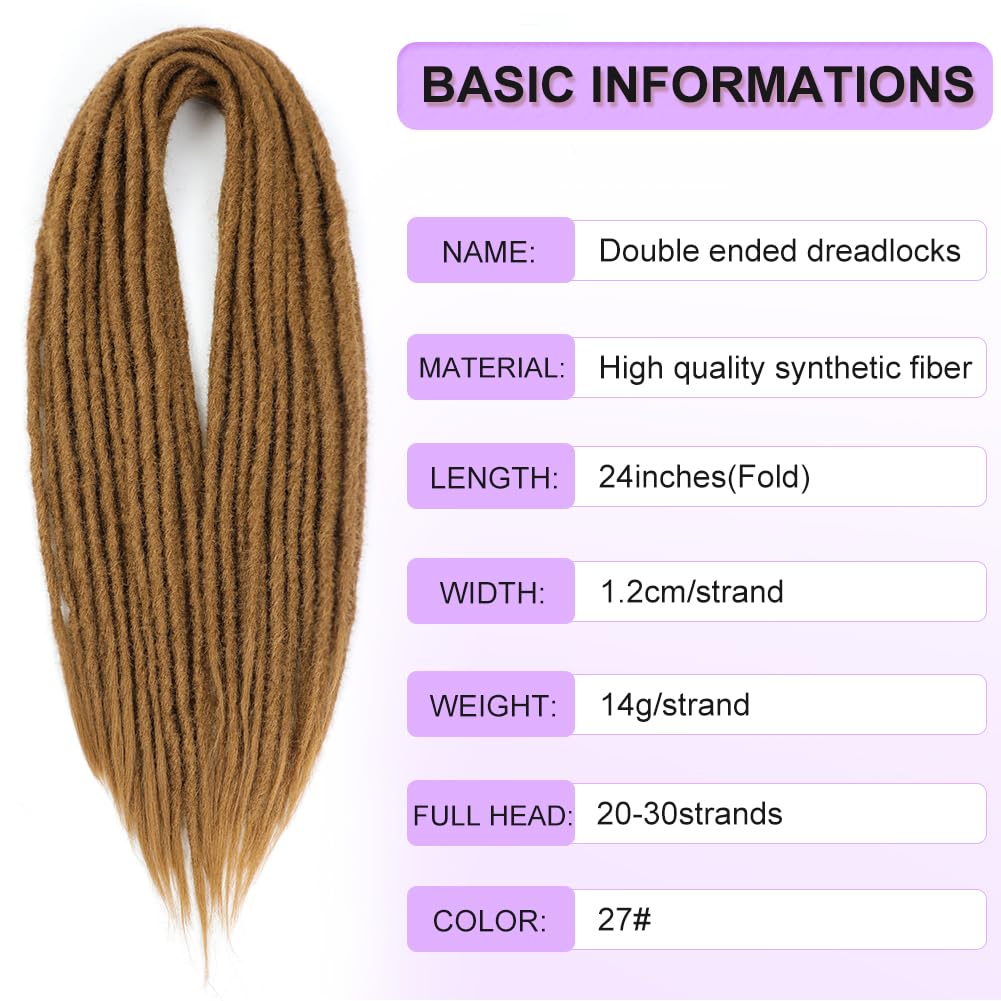 BUFENGSUN Straight Dreads Synthetic Double Ended Dreadlock Extensions 24inches 10 Strands Width 1.2cm Soft DE Dreadlocks Extensions for Women (10 Strands, 27#)