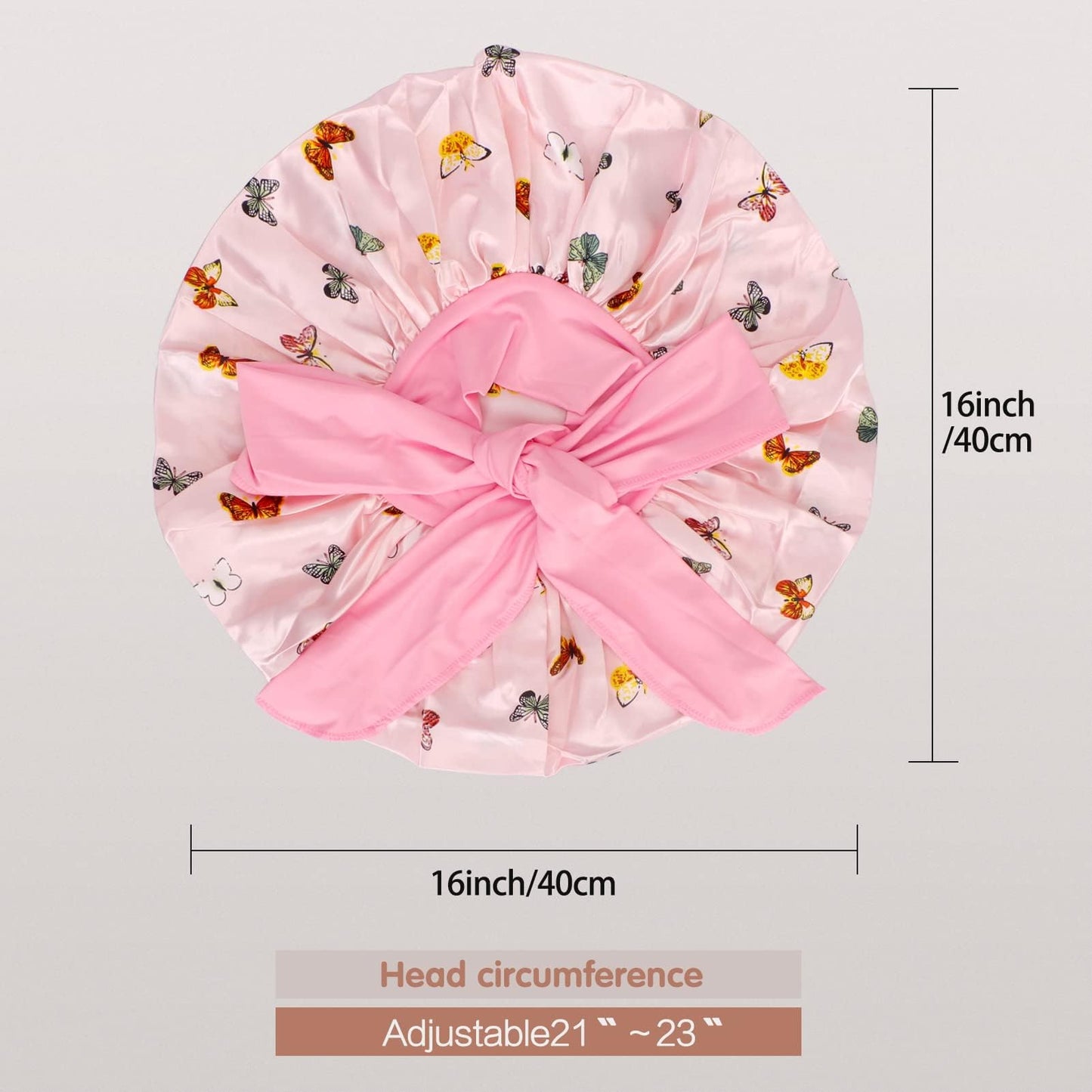 Arqumi Pack of 2 Satin Sleeping Bonnet, Large Satin Sleep Bonnet, Long Strap, Adjustable Sleep Cap Hair Bonnet with Butterfly Pattern, Black+Pink