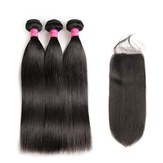 Brazilian Straight Hair With Closure 3 Bundles Unprocessed Virgin Human Hair Bundles With Lace Closure Free Part Hair Extensions Natural Color (20 22 24+18",Free Part)
