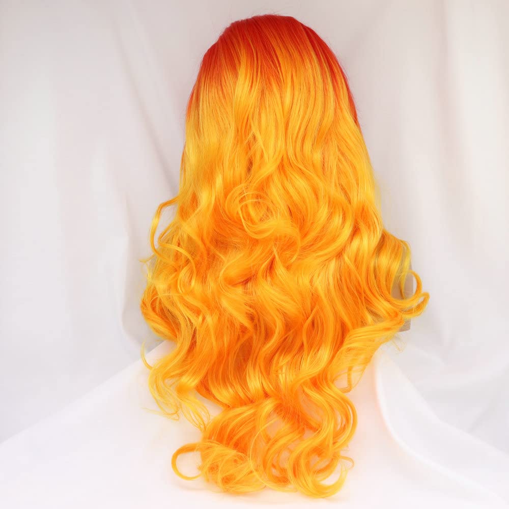 Yinuozhogntian 24" Bright Red Orange Ombre Color Wig Heat Resistant Synthetic Lace Front Wigs for Women Flame Red Female Cosplay Party Wigs Drag Queen