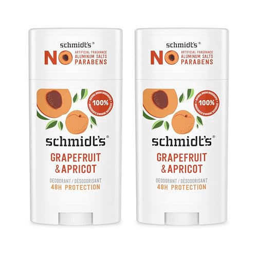 Schmidt's Aluminum-Free Vegan Deodorant Grapefruit & Apricot with 24-Hour Odor Protection, 2 Count for Women and Men, Natural Ingredients, Cruelty-Free 2.65 oz