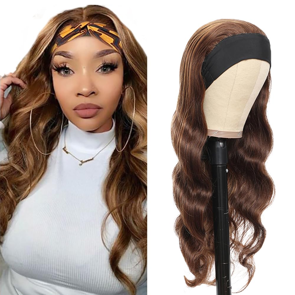 YiweYowe 22 Inch Highlight Brown Body Wave Headband Wig Human Hair No Lace Wig 150% Density Brazilian Virgin Hair Wig P4/27 Honey Blonde Wig Human Hair Grade 8A Machine Made Headband Wig