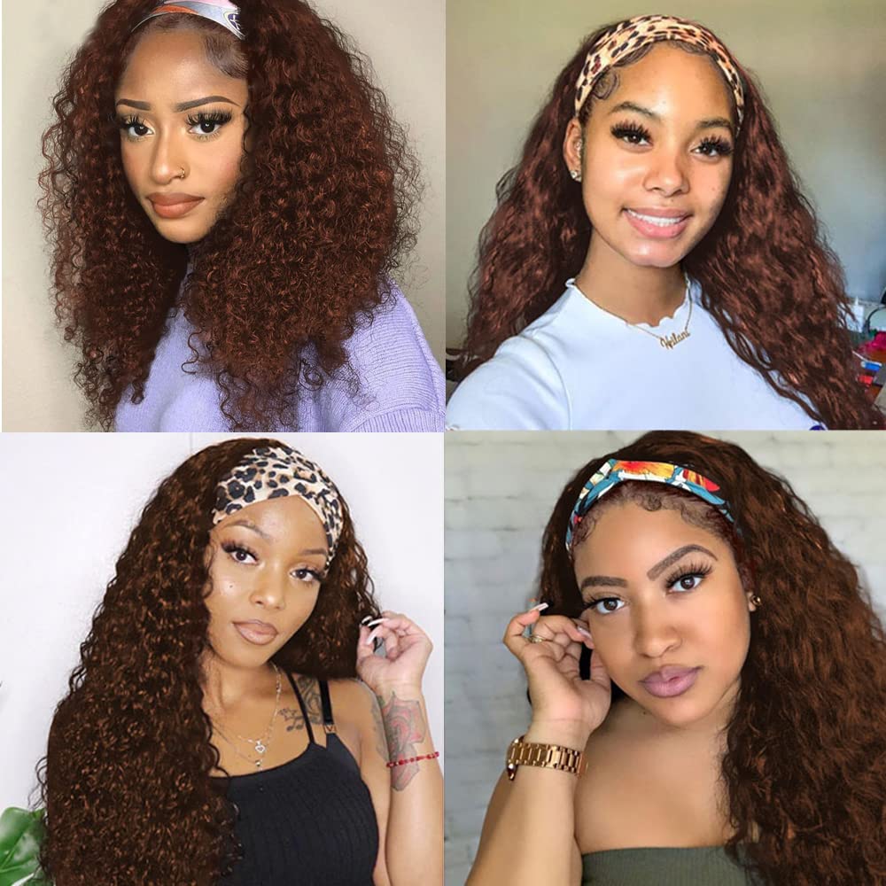 YiweYowe 24 Inch #4 Chocolate Brown Headband Wig Human Hair 150% Density Brazilian Virgin Hair #4 Brown Water Wave Wig Human Hair Glueless Machine Made Headband Wig