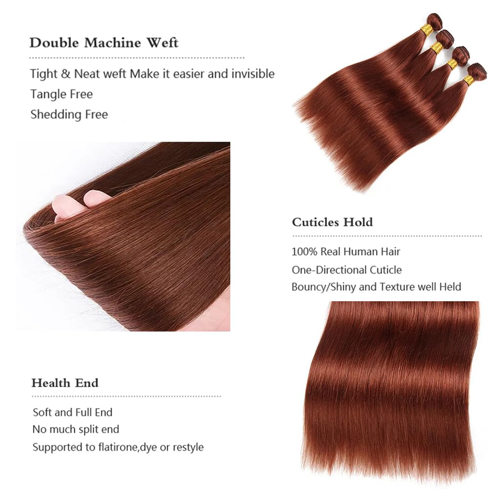 Reddish Brown Straight Bundles Human Hair Copper Red Bundles Color 33 Human Hair Auburn Straight Bundles Double Weft Brazilian Human Hair Bundles Silky and Soft for Black Women 20 20 20 Inch
