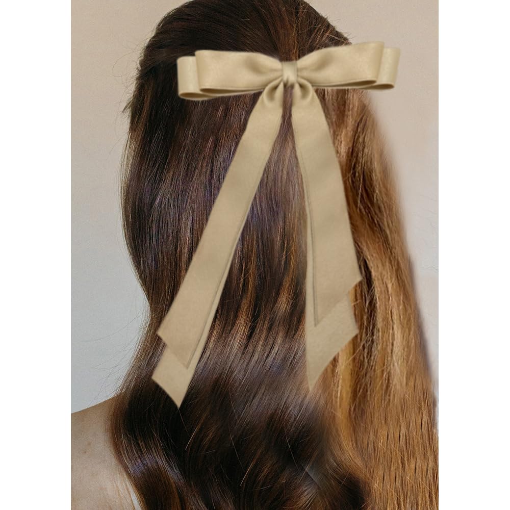Bmobuo Hair Clip, 3Pcs Satin Bows for Hair - Hair Ribbons for Women in Beige, Black, Champagne