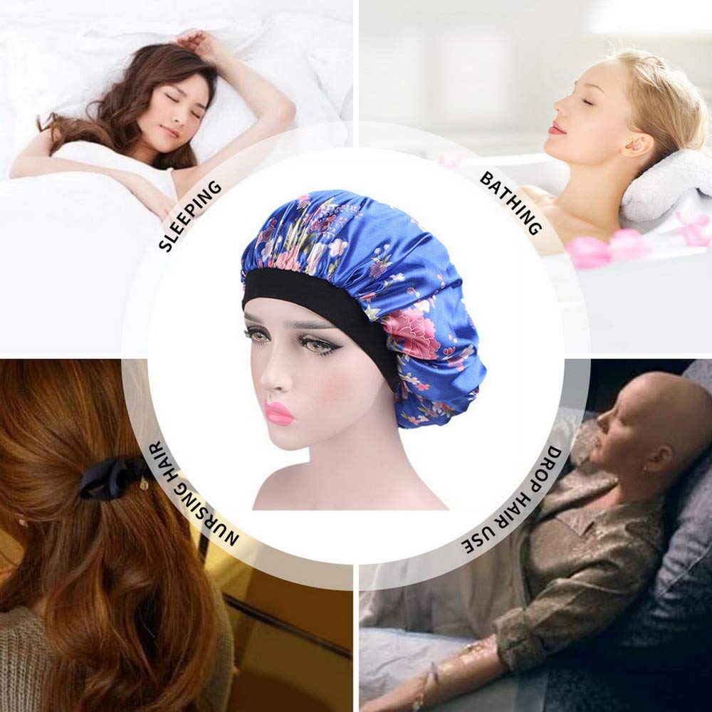 Tvoip 1Pcs Hair Satin Bonnet For Sleeping Shower Cap Silk Bonnet Bonnet Femme Women Night Sleep Cap Head Cover Wide Elastic Band (Black Flower)