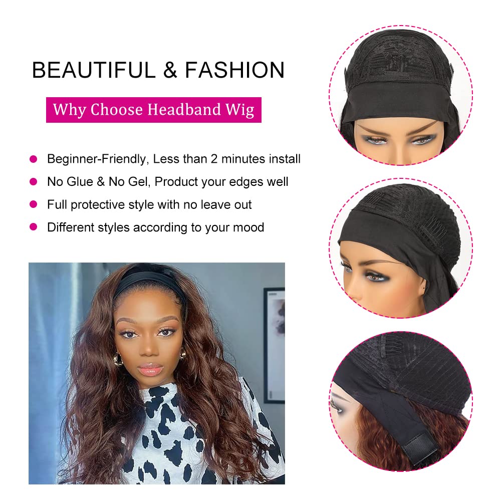 YiweYowe #4 Chocolate Brown Body Wave Headband Wig Human Hair 30 Inch #4 Brown Color 150% Density Glueless None Lace Front Wig Brazilian Virgin Hair Wear and Go Wigs for Black Women