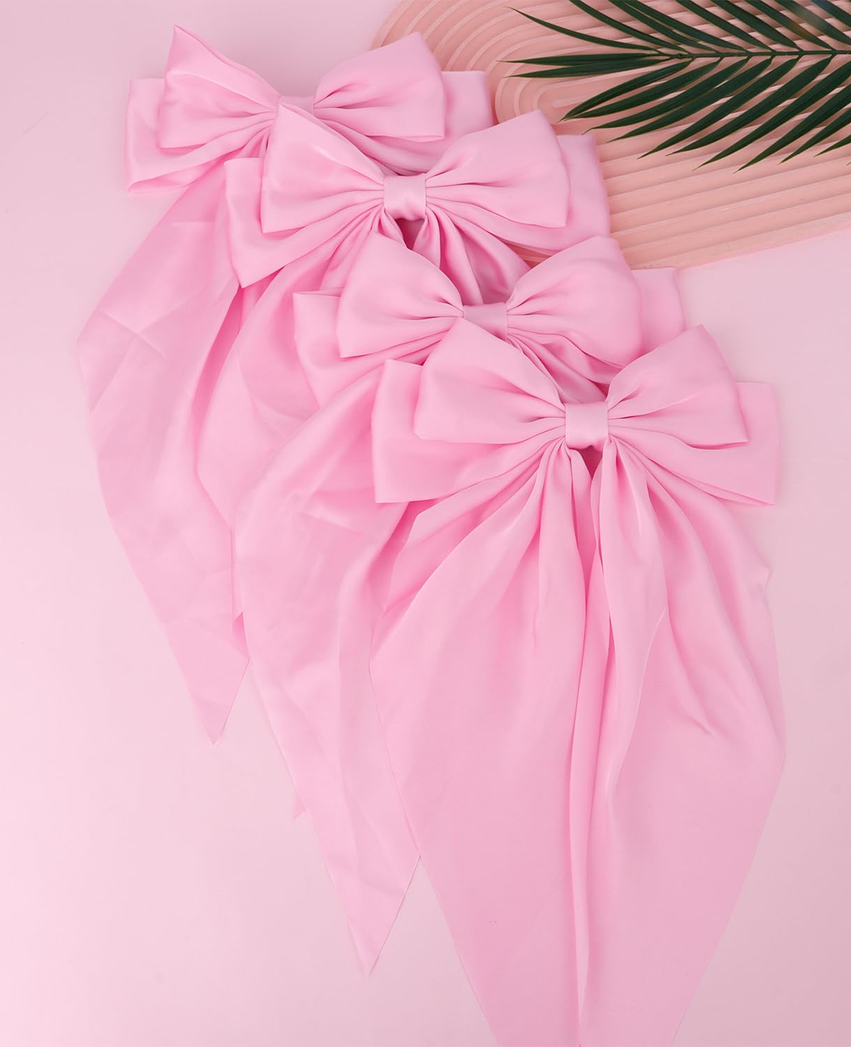 Wecoe 4pcs Pink Satin Hair Accessories for Women - Big Bows, Barrettes, Clips for Wedding, Bride, Party, Gift for Girls