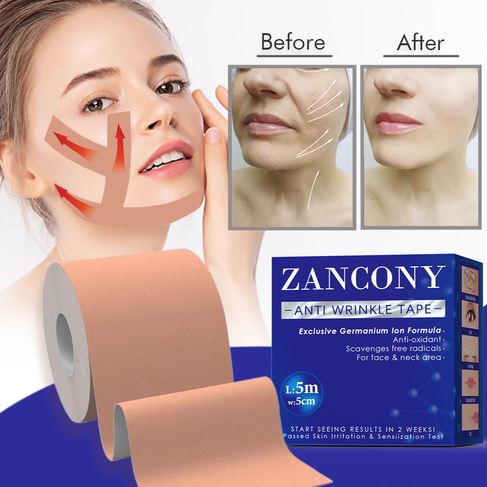 zancony 2 in 1 Face Tape, Forehead Tape for Anti Wrinkle Patches and Face Lift Tape for Full Face and Neck, Kinesiology Tape for Relaxing Facial Muscles, Hypoallergenic，5CM Wide