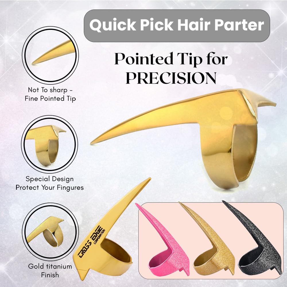 Quick Hair Parting Tool & Braid Sectioning Ring- Stainless Steel Stitch Braid Tool Finger for Durable Dreadlocks Wig & Installation of Human Hair Extensions Braiding Tools (Gold)