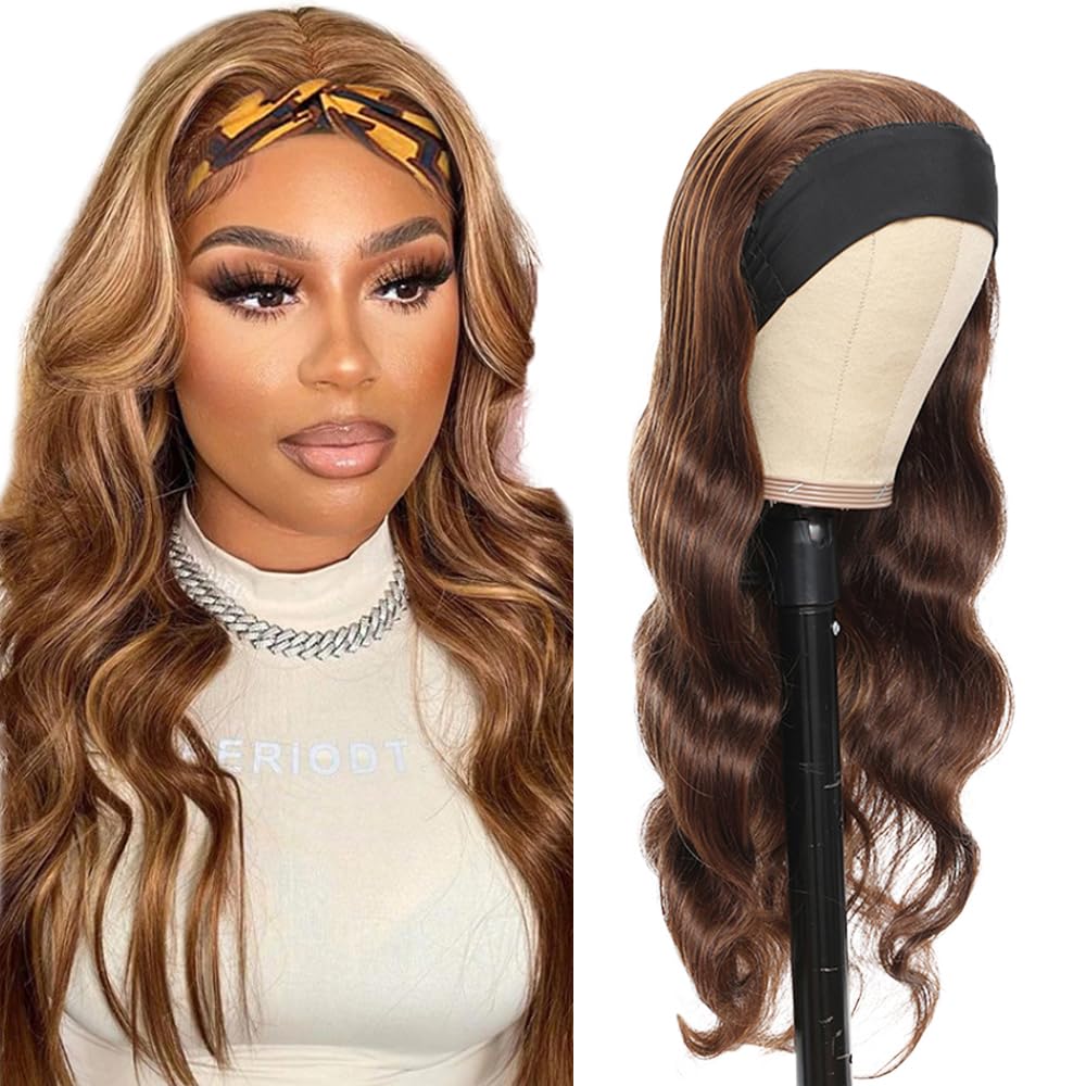 YiweYowe 24 Inch P4/27 Blonde Headband Wig Human Hair Brazilian Virgin Hair Grade 8A Glueless Honey Blonde Highlight Wig With Elastic Bands And Combs Machine Made Body Wave Wig