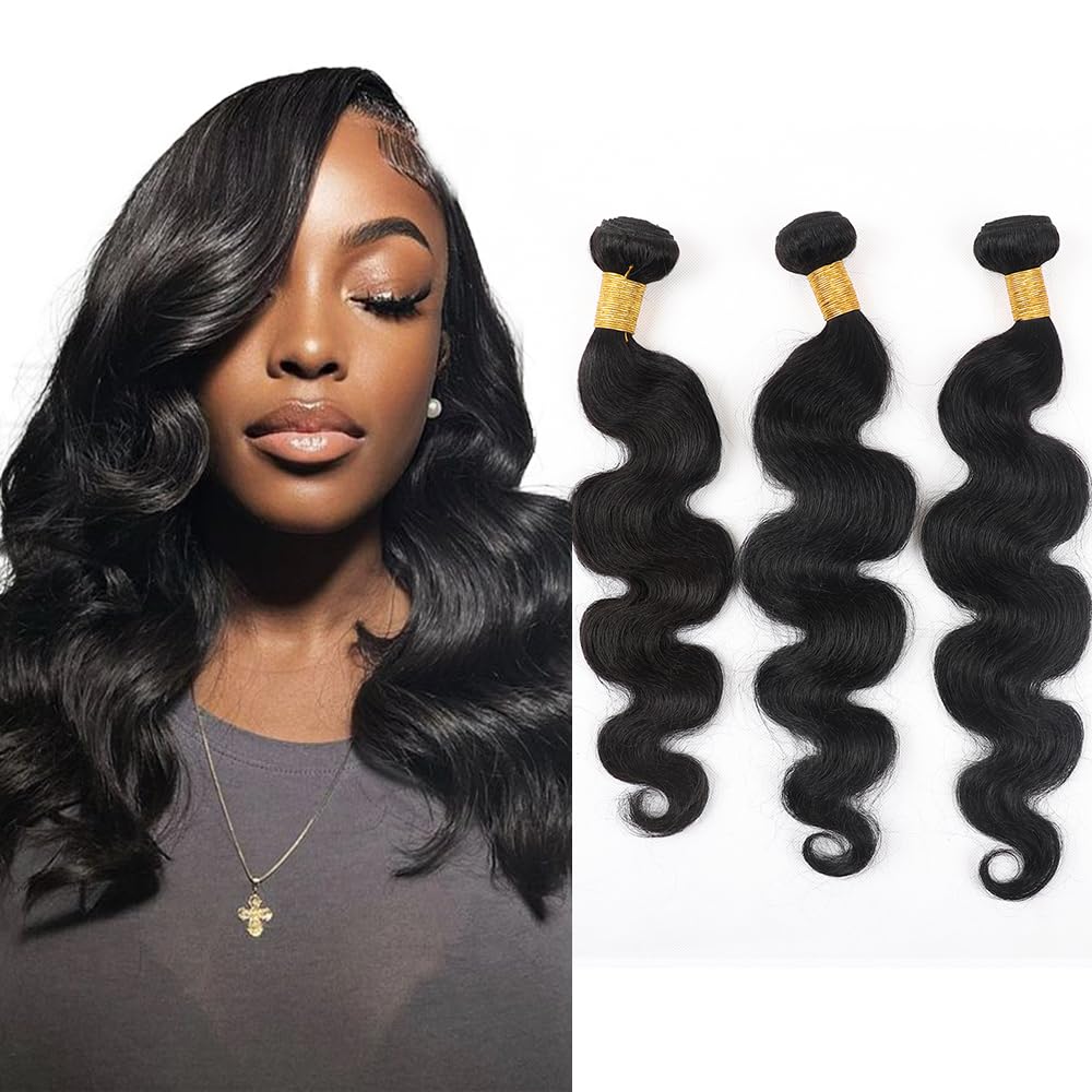 Body Wave Bundles Human Hair 12 14 16 Inch Brazilian Body Wave Human Hair 3 Bundles Natural Black Virgin Human Hair Extensions Unprocessed Wavy Human Hair Bundles for Women